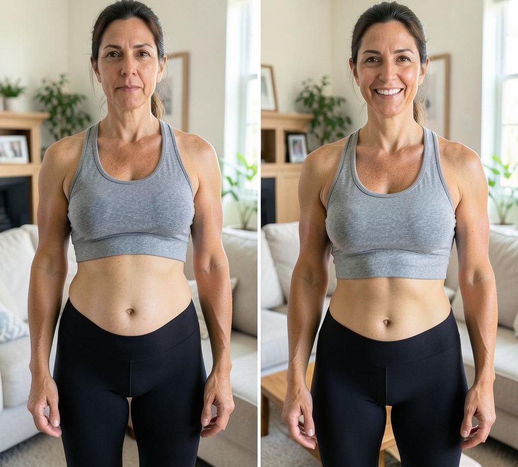 Ejemplo de cambio visible de una mujer antes y después de 12 semanas de hábitos saludables